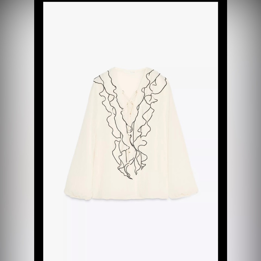 Silky Ruffle V-Neck Long Sleeve Maxi Top - Cream - Picture 6 of 8